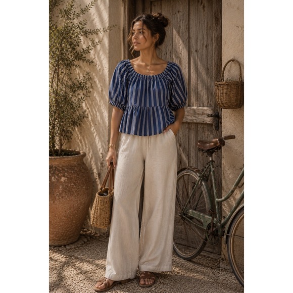 Old Navy Tops - Old Navy Blue Striped Peasant Puff-Sleeve Blouse